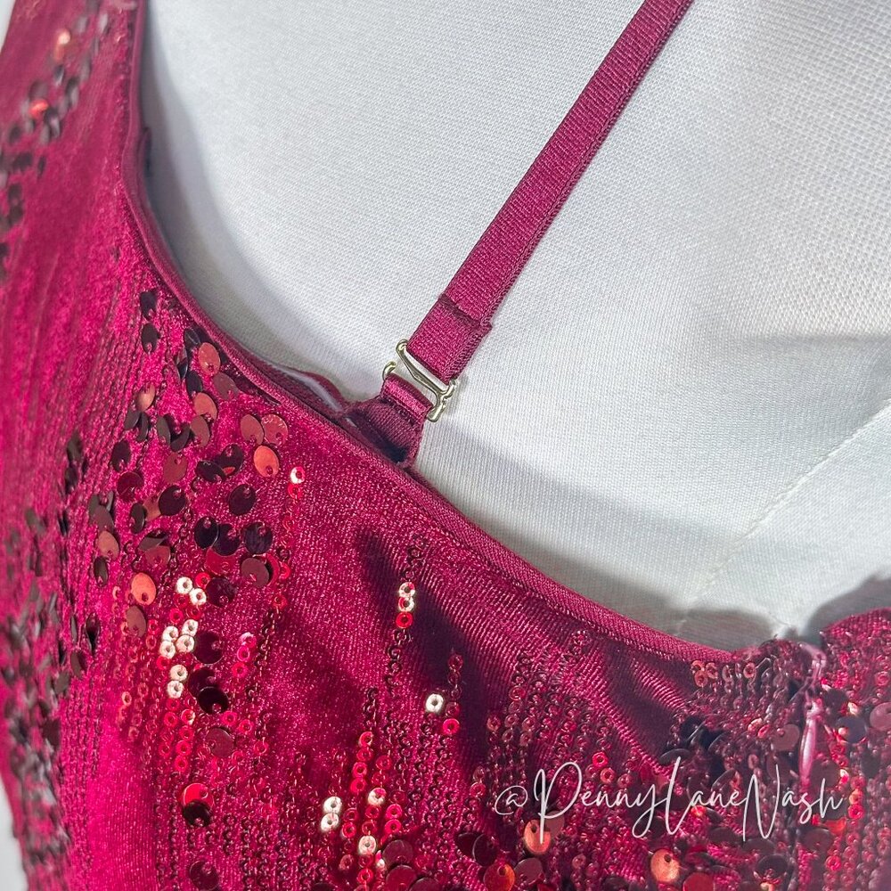 Kensie One-Shoulder Fit & Flare Sequin Velvet Formal Dress Burgundy - Picture 12 of 15